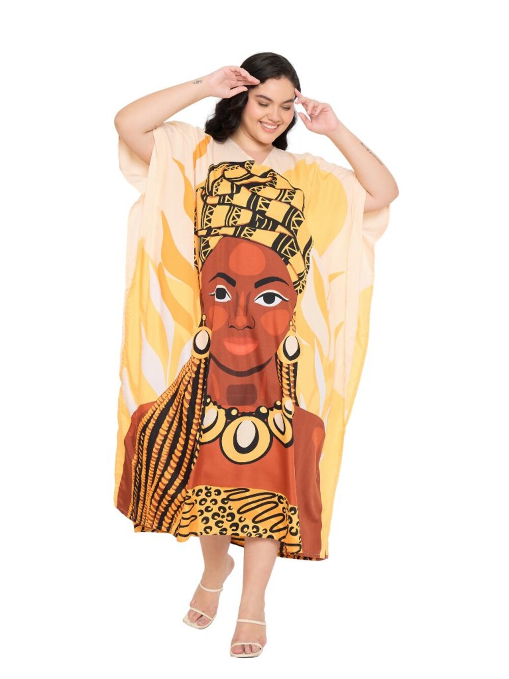Plus Size African Woman Graphic Print Kaftan Dress Boho Resort Beach Cover Up